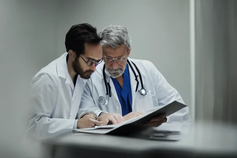 Image similar to a cinematic shot of an doctor reading his notes, talking to a patient, moody lighting, action, movie still, shallow depth of field, muted colors