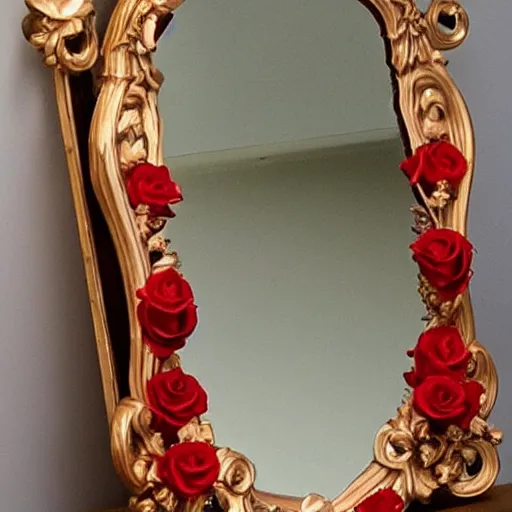 Image similar to beautiful luxurious baroque vanity mirror covered in roses and rose petals