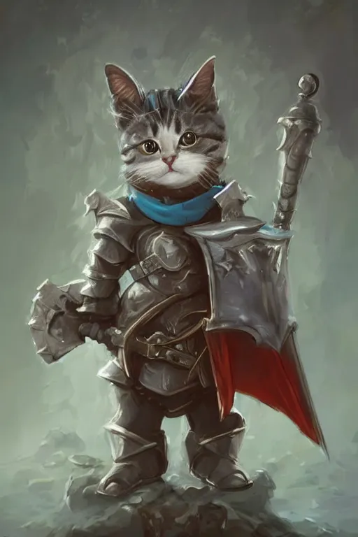 Image similar to cute little anthropomorphic cat knight wearing a cape and a crown, tiny, small, miniature cat , baby animal, short, pale blue armor, cute and adorable, pretty, beautiful, DnD character art portrait, matte fantasy painting, DeviantArt Artstation, by Jason Felix by Steve Argyle by Tyler Jacobson by Peter Mohrbacher, cinematic lighting