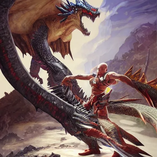 Image similar to Mr.Clean fighting a Rathalos in the world of MonsterHunter with a Charge Blade, highly detailed, digital pencil painting, realistic, sharp focus, Wyverns, illustration, art by artgerm and greg rutkowski and alphonse mucha