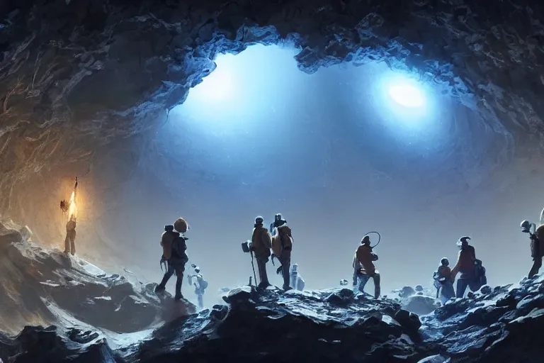 Prompt: a group of miners discover a glowing alien egg with intricate markings inside a deep diamond cave, concept art, digital painting, trending on artstation, deviantart, highly detailed, perfect composition, dramatic lighting, sharp focus, 8 k uhd