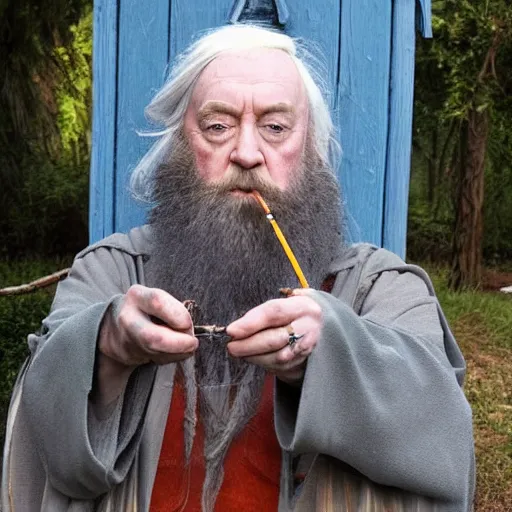 Image similar to Dumbledore sitting in an outhouse with a cigarette in his mouth, selfie