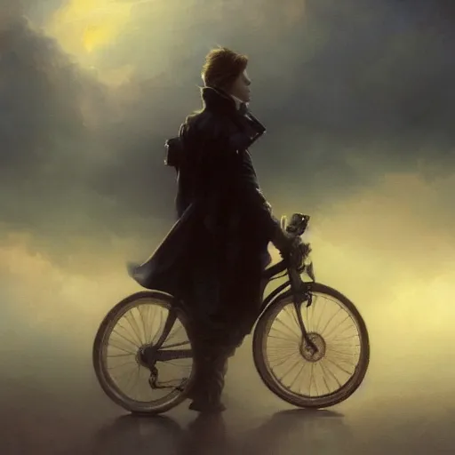 Prompt: cinematic shot epic portrait david bowie riding a bicycle in the streets, atmospheric, cloudy, broad light, ambient occlusion, volumetric light effect, made by ivan aivazovsky, peter mohrbacher, greg rutkowski, ross tran, matte painting, trending on artstation, 4 k, perfectly defined features, digital painting, cinematic, epic, highly detailed,