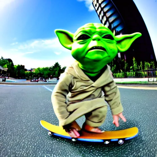 Prompt: Yoda skateboarding towards the camera, photograph, fisheye lens