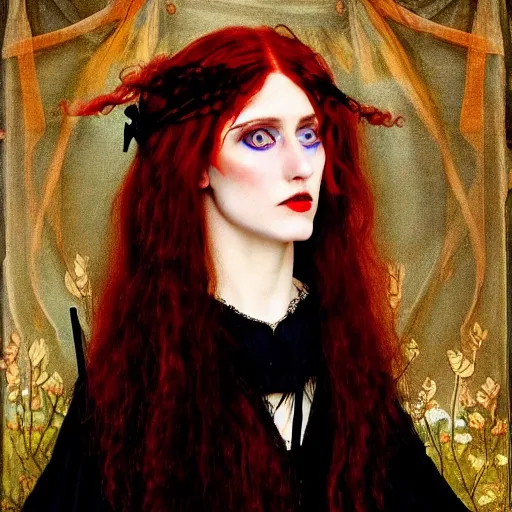 Prompt: A striking Pre-Raphaelite witch with intense eyes and bright red hair