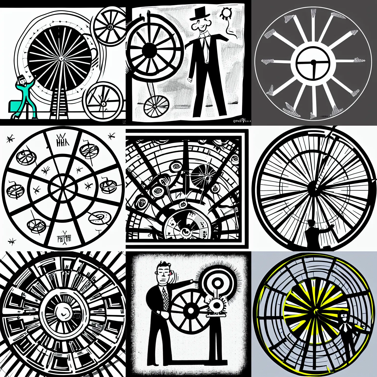 Prompt: man suit spinning a price wheel on it pointy hat, cartoon, comic, illustration, b&w