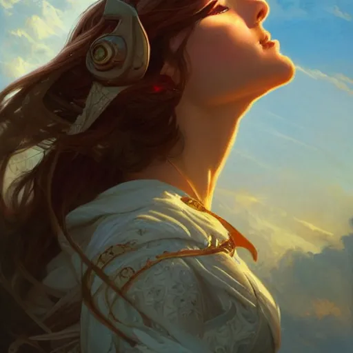 Image similar to plane on the sky!!!!!!!! d & d fantasy intricate elegant highly detailed digital painting artstation concept art matte sharp focus illustration hearthstone art by artgerm art by greg rutkowski, art by alphonse mucha