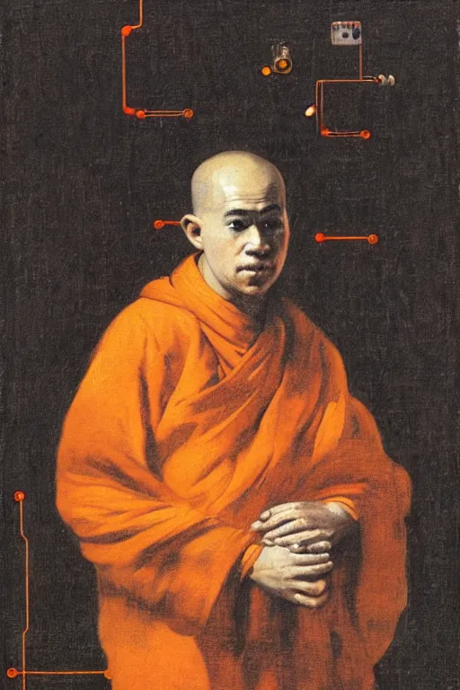 Image similar to portrait of a techno monk in orange robes with wires and circuit boards coming out of his face by francisco goya