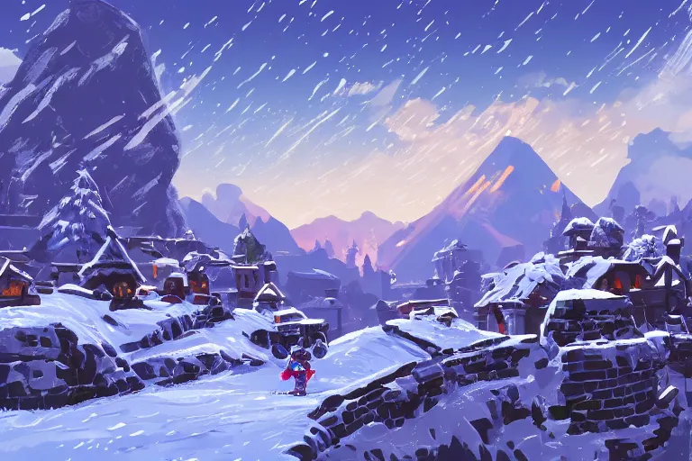 Image similar to snowy Landscape and a village in the background in the style of zelda breath of the wild