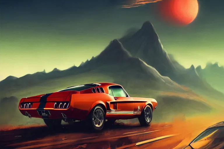 Prompt: a 1 9 6 7 shelby gt 5 0 0 driving down a long country road, coriolios rpg art style, full of details, warm sunset colors, matte painting, artstation, 8 k, hyperrealistic, style of peter mohrbacher, album cover, extreme long shot, mountains, panoramic, wide shot