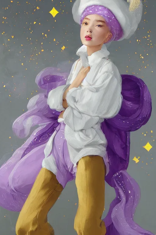 Image similar to Full View girl with short blond hair wearing an oversized purple Beret, Baggy Purple overall shorts, Short Puffy pants made of silk, silk shoes, a big billowy scarf, Golden Ribbon, and white leggings Covered in stars. covered in embroidery. Short Hair. peasant magic. masterpiece 4k digital illustration by Ruan Jia and Mandy Jurgens and Artgerm and william-adolphe bouguereau, award winning, Artstation, art nouveau aesthetic, Alphonse Mucha background, intricate details, realistic, panoramic view, Hyperdetailed, 8k resolution, intricate art nouveau