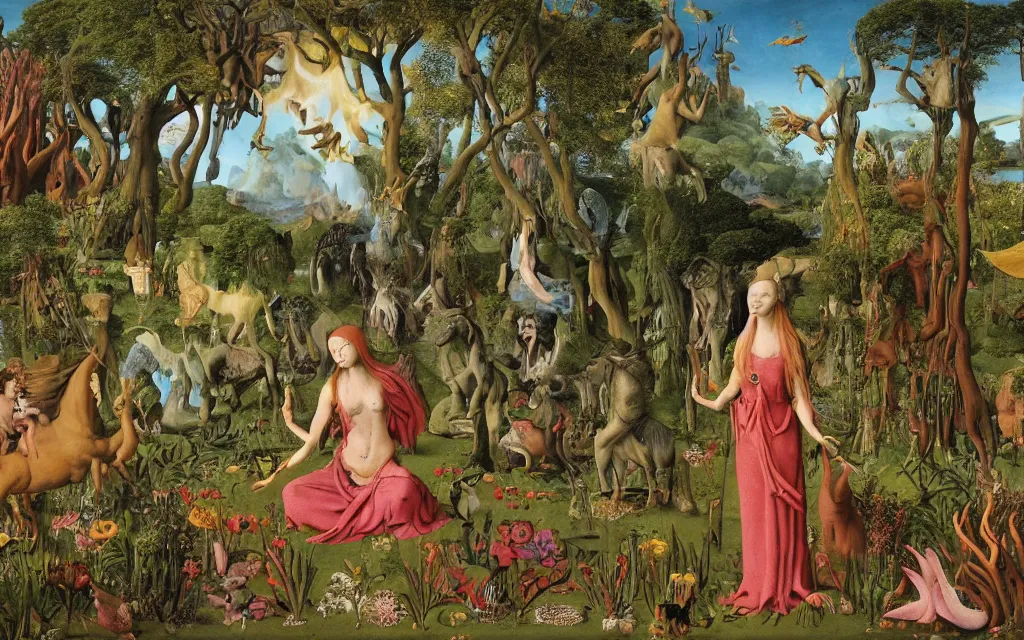 Image similar to photograph of a meditating centaur shaman and a mermaid feeding animals. surrounded by bulbous flowers, animals and a few trees. river delta with dry rocky mountains under a blue sky full of burning stars. painted by jan van eyck, max ernst, ernst haeckel, ernst fuchs and artgerm. trending on artstation, trending on cgsociety