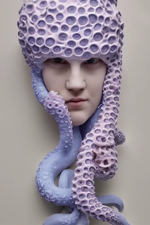 Image similar to full head and shoulders, beautiful porcelain female person, smooth, delicate facial features, big detailed eyes, white lashes, wearing a pale blue swimming cap and pale pink swimming costume, 3 d white large octopus tentacles by daniel arsham and james jean