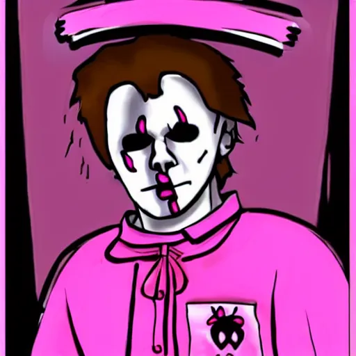 Image similar to michael myers in a cute pink maid outfit