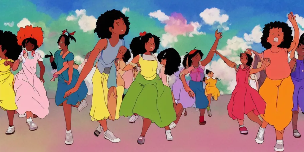 Prompt: colourful, beautiful black girls dancing ,in the style of studio Ghibli,