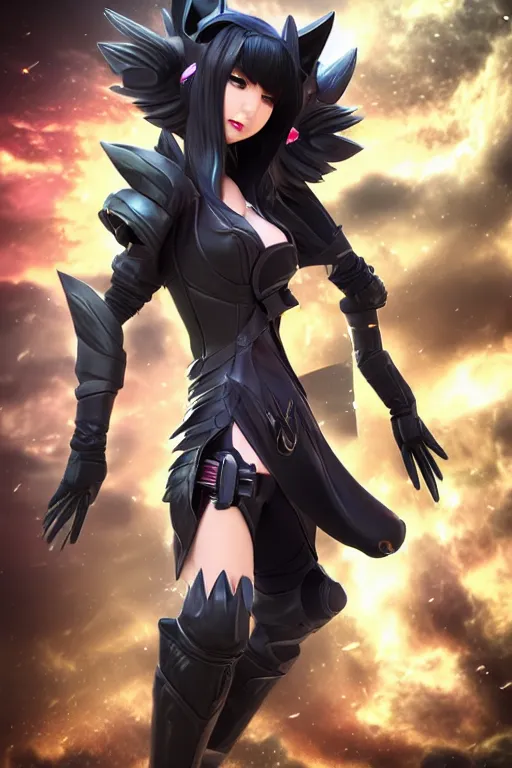 Image similar to Ahri from League of Legends, wearing fully kitted black special ops armor, cell shaded photography, octane render