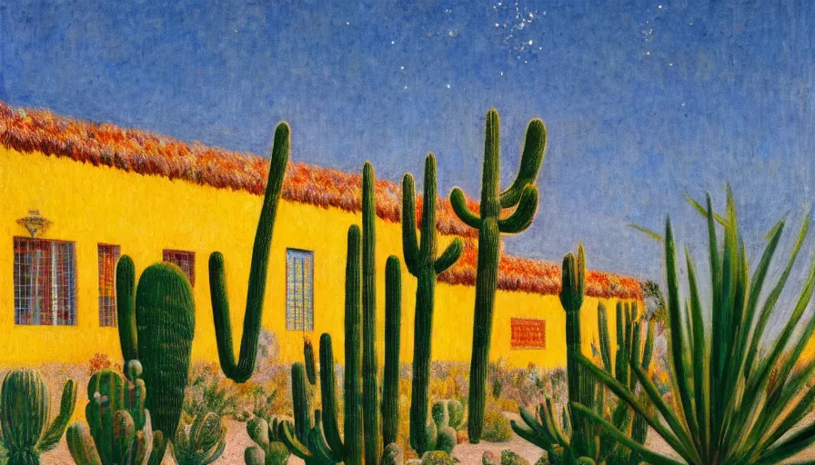 Prompt: a brazilian nordeste mansion designed by jules bastien - lepage, tarsila do amaral, frank weston and gustave baumann, desert, trending on artstation, mediterranean, cactus, sharp focus, colorful refracted sparkles and lines, soft light, 8 k 4 k