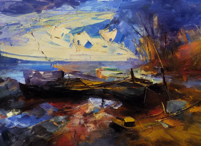 Image similar to palette knife, impasto oil painting of calm river with wooden boat, stone bridge, by hans hofmann, by frank auerbach, thick paint brush strokes, art by anders zorn, wonderful masterpiece by greg rutkowski, beautiful cinematic light, american romanticism by greg manchess, creation by tyler edlin