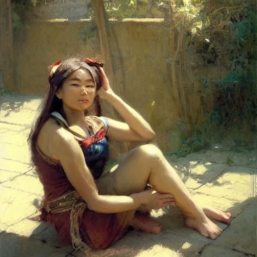 Image similar to a medieval carpenter, asian female, athletic, relaxing after work, candid, fantasy character portrait by gaston bussiere, craig mullins