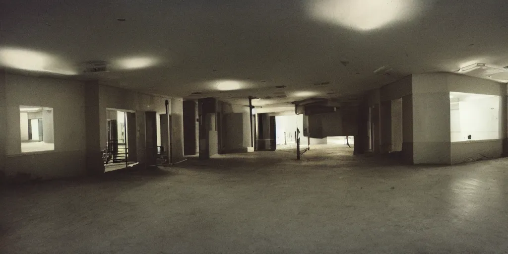 Image similar to a weird place full of people but now empty with eerie feeling, disposable colored camera, camera flash, house, mall, hallway, playground, office, pool, interior, room, full of things, unusual place, unsettling, kids place