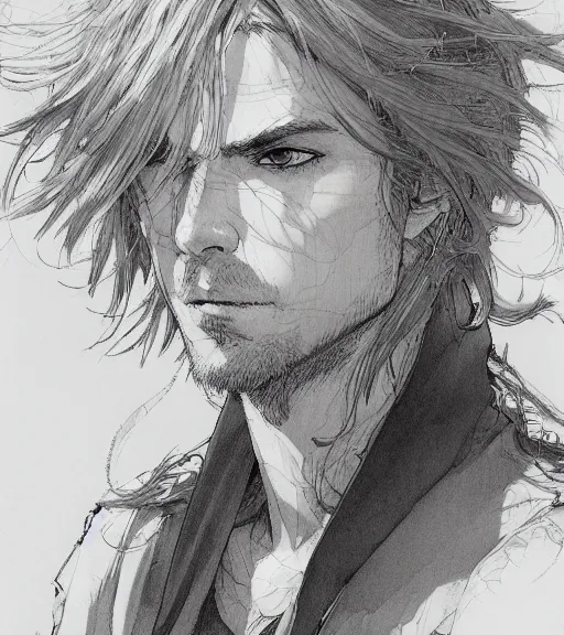 Image similar to portrait of anime man with long hair wearing a white robe stained, pen and ink, intricate line drawings, by craig mullins, ruan jia, kentaro miura, greg rutkowski, loundraw