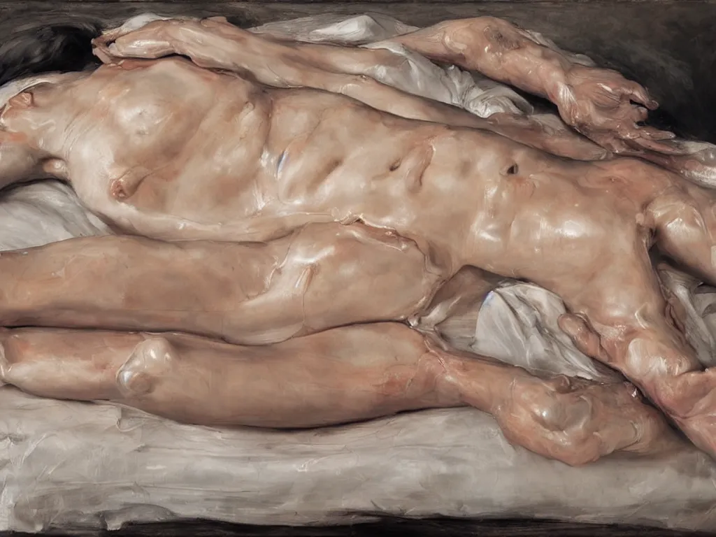 Prompt: Jenny Saville female body on a bed made of water