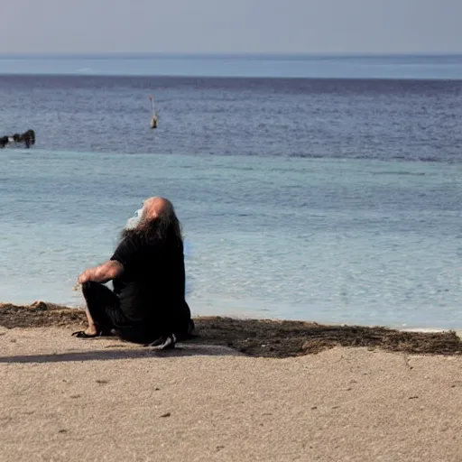 Image similar to bearded italian man with long hair smoking a cigarette on the beach, sitting next to his dog