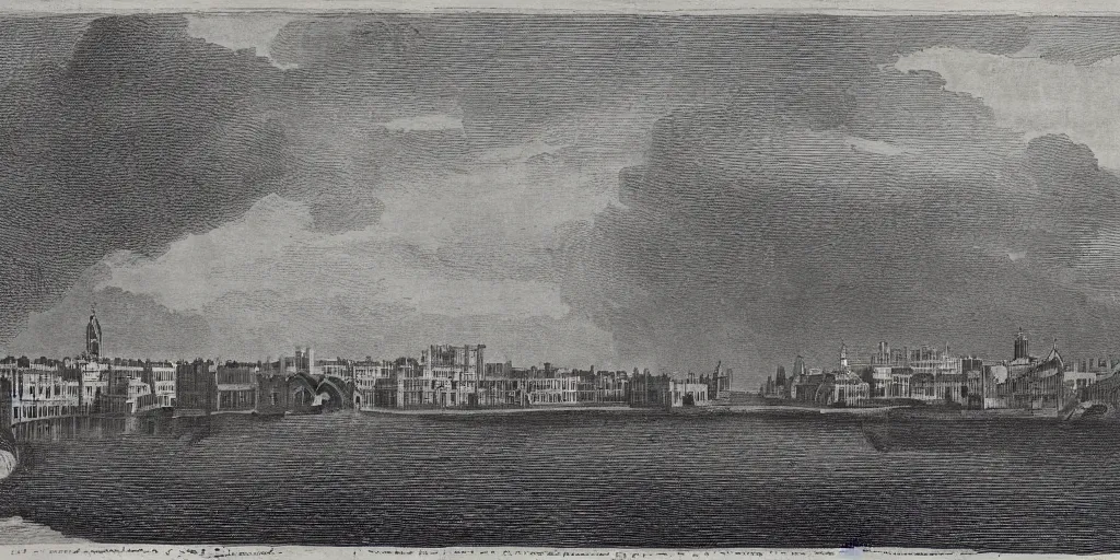 Image similar to illustration, 18th Century London, city buildings on top of tall bridge structure, over the ocean, tall arches, fading off to the horizon