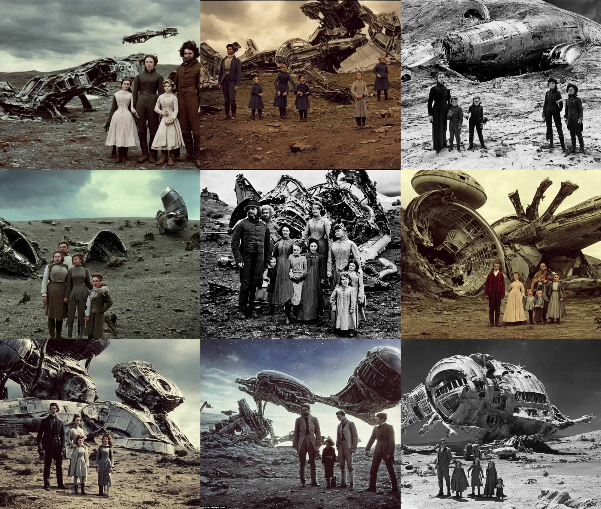 Prompt: extremely sharply detailed, 7 0 mm film from blockbuster 8 k sci fi color movie freeze frame, set 1 8 6 0, family standing in front of crashed spaceship, on alien planet, looking happy, wearing 1 8 5 0 s era clothes, atmospheric lighting, in focus, reflective eyes, 7 0 mm lens, live action, nice composition and photography, clear faces