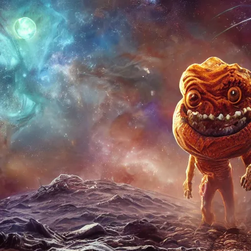 Prompt: one eldritch horror bloody garfield in space, galaxy, hd, 8 k, giant, epic, realistic photo, unreal engine, stars, prophecy, powerful, cinematic lighting, destroyed planet, debris, violent, sinister, ray tracing, dynamic, print, epic composition, dark, horrific, teeth, grotesque, scary, monochrome drawing