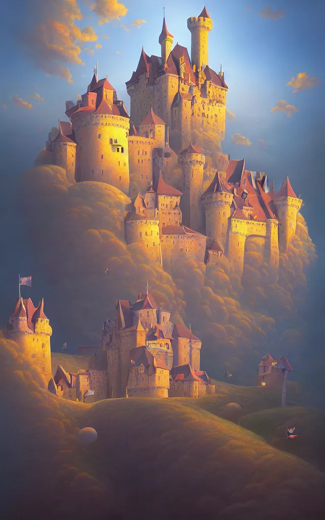 Image similar to close view of a castle an oil on canvas portrait painting of world castle happy place, volumetric light godray, surrealism, surrealist, impossible geometry, rob gonsalves, high detail fantastic gediminas pranckevicius