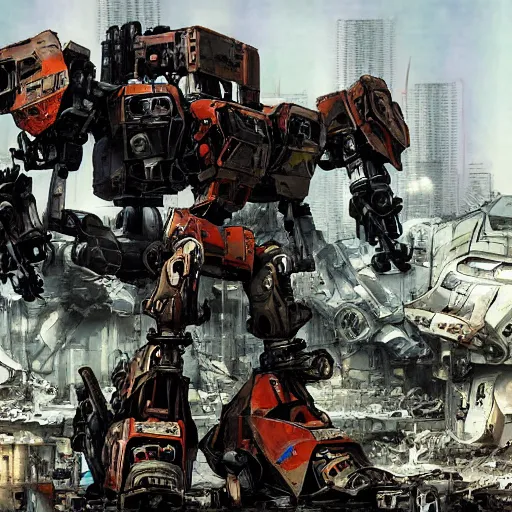 Prompt: destroyed mecha junkyard, matte painting, by yoji shinkawa