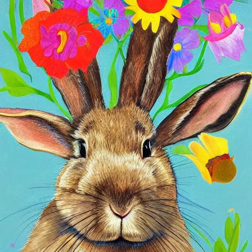 Prompt: The painting is a beautiful and playful work that perfectly encapsulates the artist\'s unique style. The painting features a rabbit made out of ceramic, which is surrounded by brightly colored flowers. The work is both charming and sophisticated, and it is sure to bring a smile to any viewer\'s face. Hadean by Mike Winkelmann, by Walter Percy Day