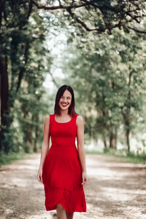 Image similar to photo portrait of a smiling pretty woman in a red sleeveless dress, out of focus, blurry