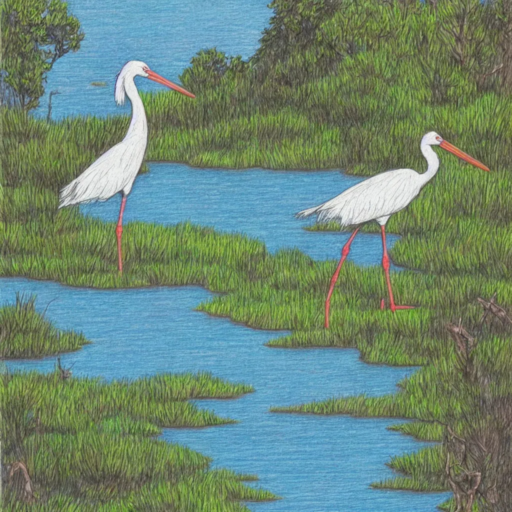 Prompt: post stamp drawing of a stork, lake and forest in distance, colourful, very detailed, 4 k