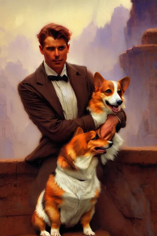 Prompt: attractive man holding a corgi matte painting by gaston bussiere, craig mullins, j. c. leyendecker, tom of finland