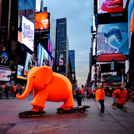 Image similar to an orange elephant on a skateboard in times square at night