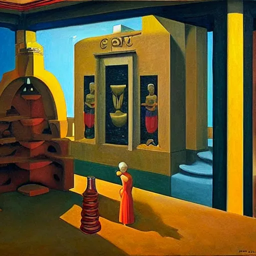 Prompt: a shrine to an ancient technological god, lowbrow, pj crook, ( ( ( grant wood ) ) ), ( ( ( edward hopper ) ) ), oil on canvas