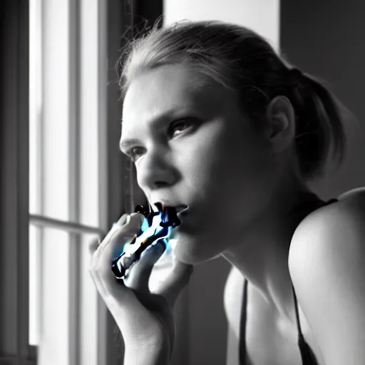 Image similar to Live Action Still of Jerma985 in a film of a beautiful model woman smoking a cigarette by the window, black and white, hyperrealistic, ultra realistic, realistic, highly detailed, epic, HD quality, 8k resolution, body and headshot, film still