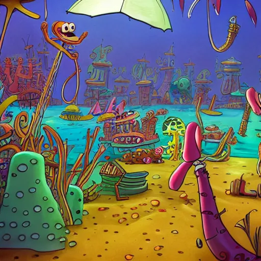 Prompt: bikini bottom drawn by stephen hillenburg, dynamic lighting, fantasy concept art, trending on art station, stunning visuals, creative, cinematic, ultra detailed