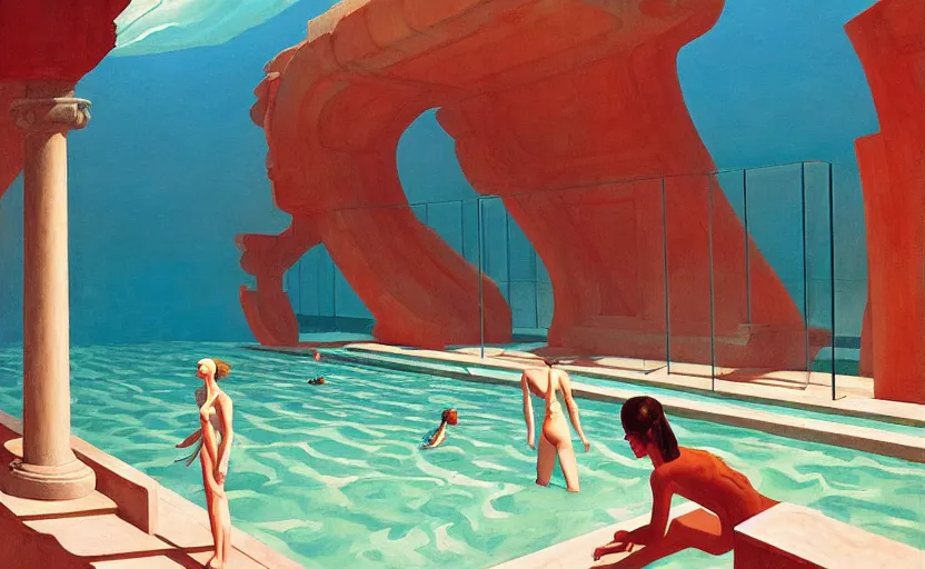 Image similar to Inside a big greek pool goddess, very coherent, painted by Edward Hopper, Wayne Barlowe, painted by James Gilleard, airbrush, art by JamesJean