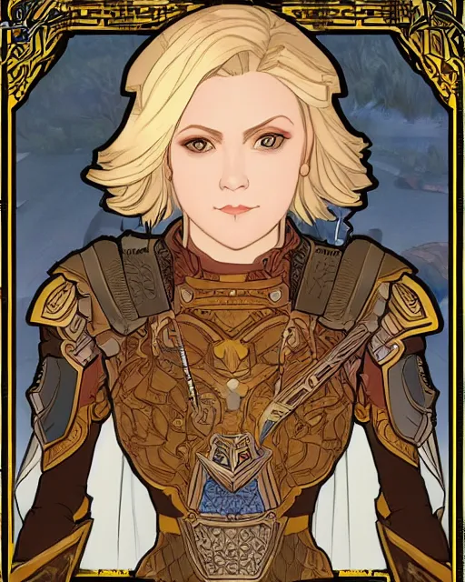 Prompt: young paladin woman, short blonde hair, plate chest armour, symmetrical portrait RPG avatar, by Mucha, intricate, 8k,