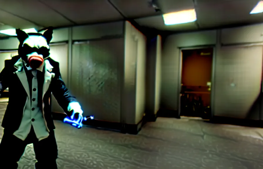 Image similar to screenshot from the pc game payday 2 demonstrating the fursuit unlock