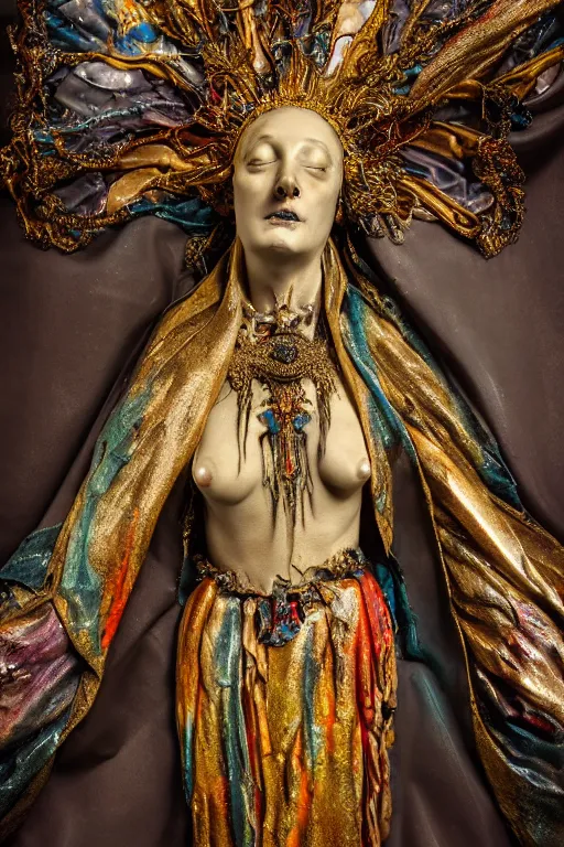 Prompt: stained cracked porcelain statue of wired matte sacred old queen, sculpture with metallic polished intricated surface, dressed with a colorful torn silk cloak and gold ornaments, made by antonio corradini, and dug stanat macabre art, dark surrealism, epic and cinematic view, volummetric light, texturized, detailed, venezian carnival, high graphics 8 k