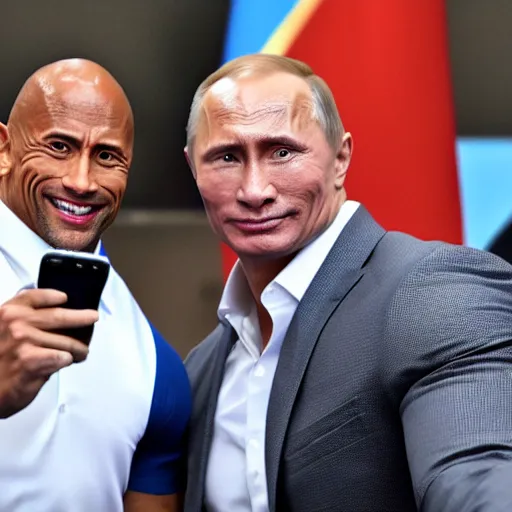 Image similar to dwayne johnson taking a selfie with putin