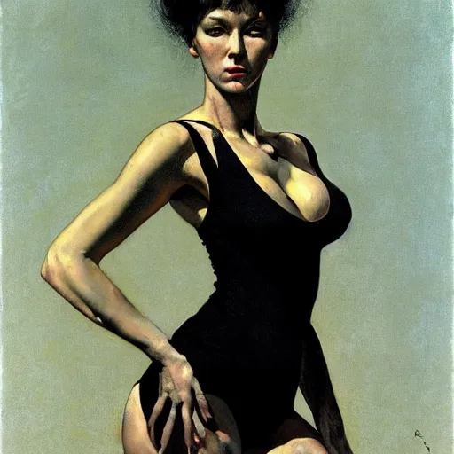 Prompt: A frontal portrait of a delicate, muscular and exhausted woman, by Robert McGinnis.