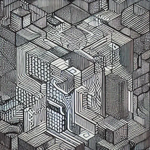 Prompt: “geometrically incomprehensible surreal order of cubes, extremely high detail, photorealistic, intricate line drawings, painted cube spaces, dotart, album art in the style of James Jean”