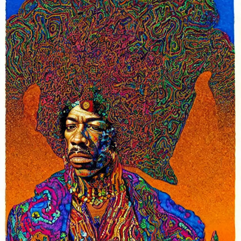 Image similar to colorfull artwork by Mati Klarwein showing a portrait of Jimi Hendrix as a futuristic space shaman