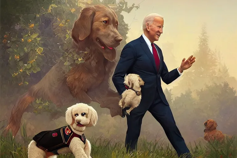 Image similar to beautiful cottagecore handsome joe biden holding a paw patrol dog named chase, intricate, elegant, highly detailed, digital painting, artstation, concept art, smooth, sharp, focus, illustration, art by artgerm and greg rutkowski and alphonse mucha