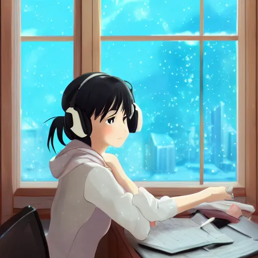 Image similar to Anime painting of a black haired girl wearing headphones looking out of the window into the snowy cold city while studying in her warm cozy home, by makoto shinkai, relaxed, calm, trending on artstation, kimi no na wa